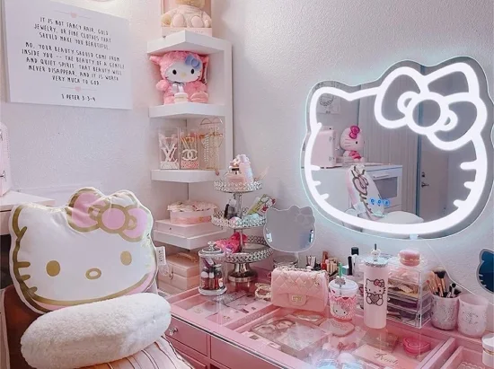 Impressions Vanity Hello Kitty Wandspiegel, intelligenter berührungsempfindlicher Make-up-Kosmetikspiegel und farbwechselndes, dimmbares LED-Streifenlicht, Jinghu-Möbelspiegel